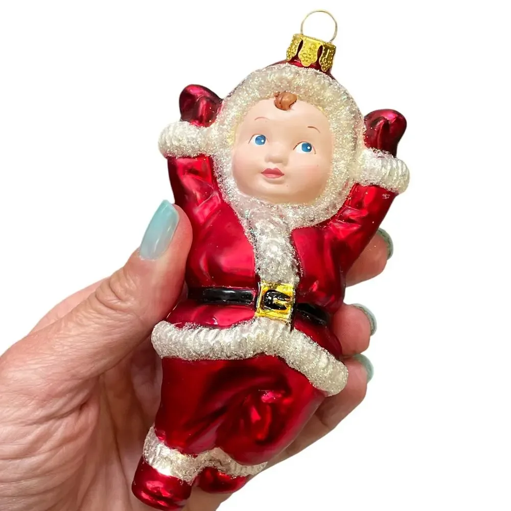 Jump For Joy Mercury Glass Christmas Ornament Child in Santa Suit Vtg Brass Key